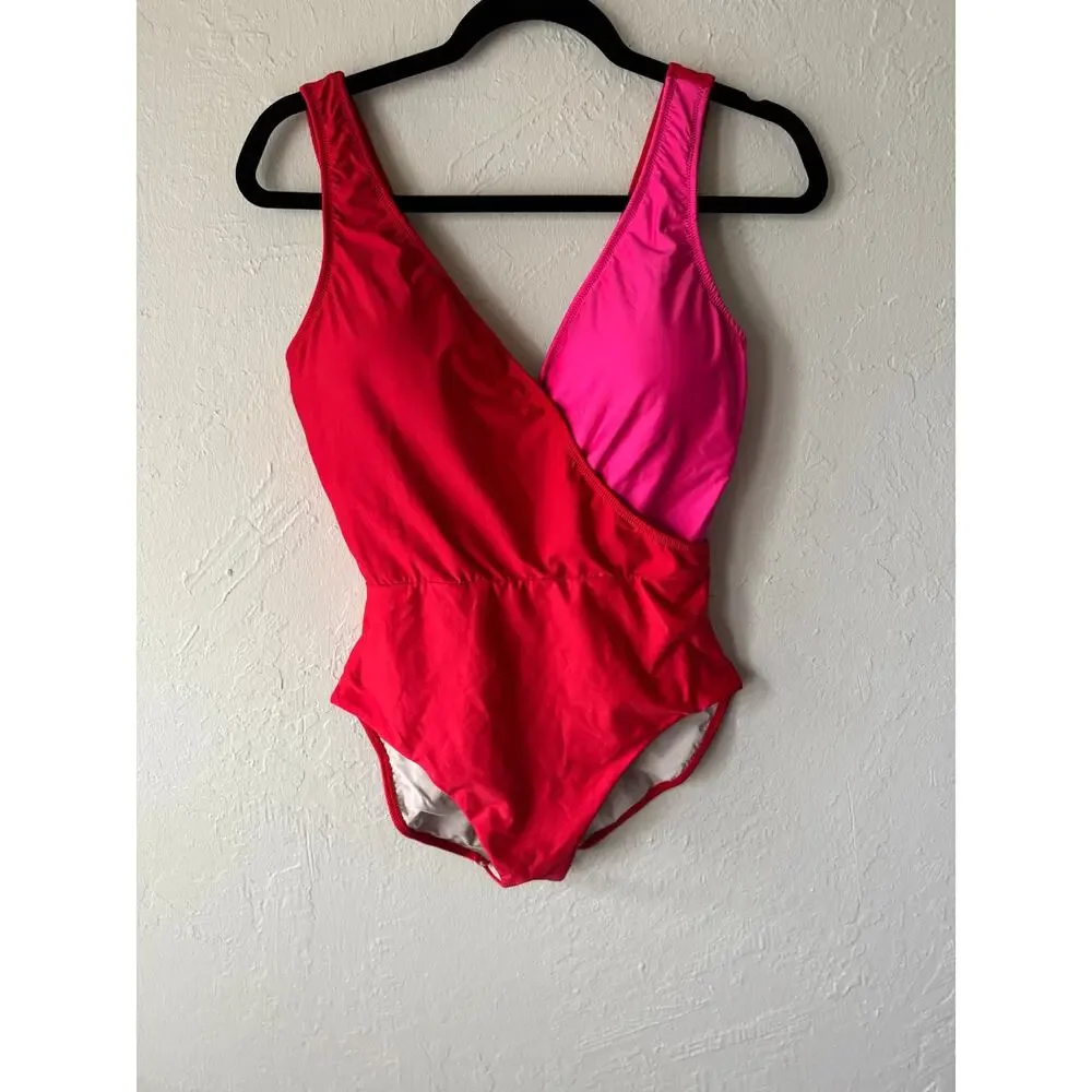 NWT Hermoza Pink and Red Color Block V-Neck One Piece Swimsuit Size 14